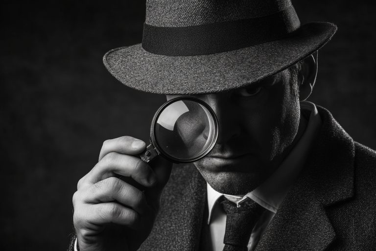Agencja detektywistyczna – detektyw w kapeluszu obserwuje przez lupę