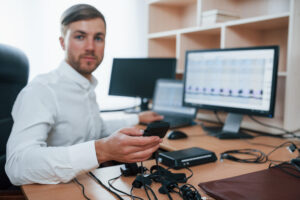 Mężczyzna w białej koszuli siedzący przy biurku z wieloma monitorami, trzymający urządzenie elektroniczne. Na blacie widoczne kable, czujniki i sprzęt – prawdopodobnie stanowisko operatora wykrywacza kłamstw.