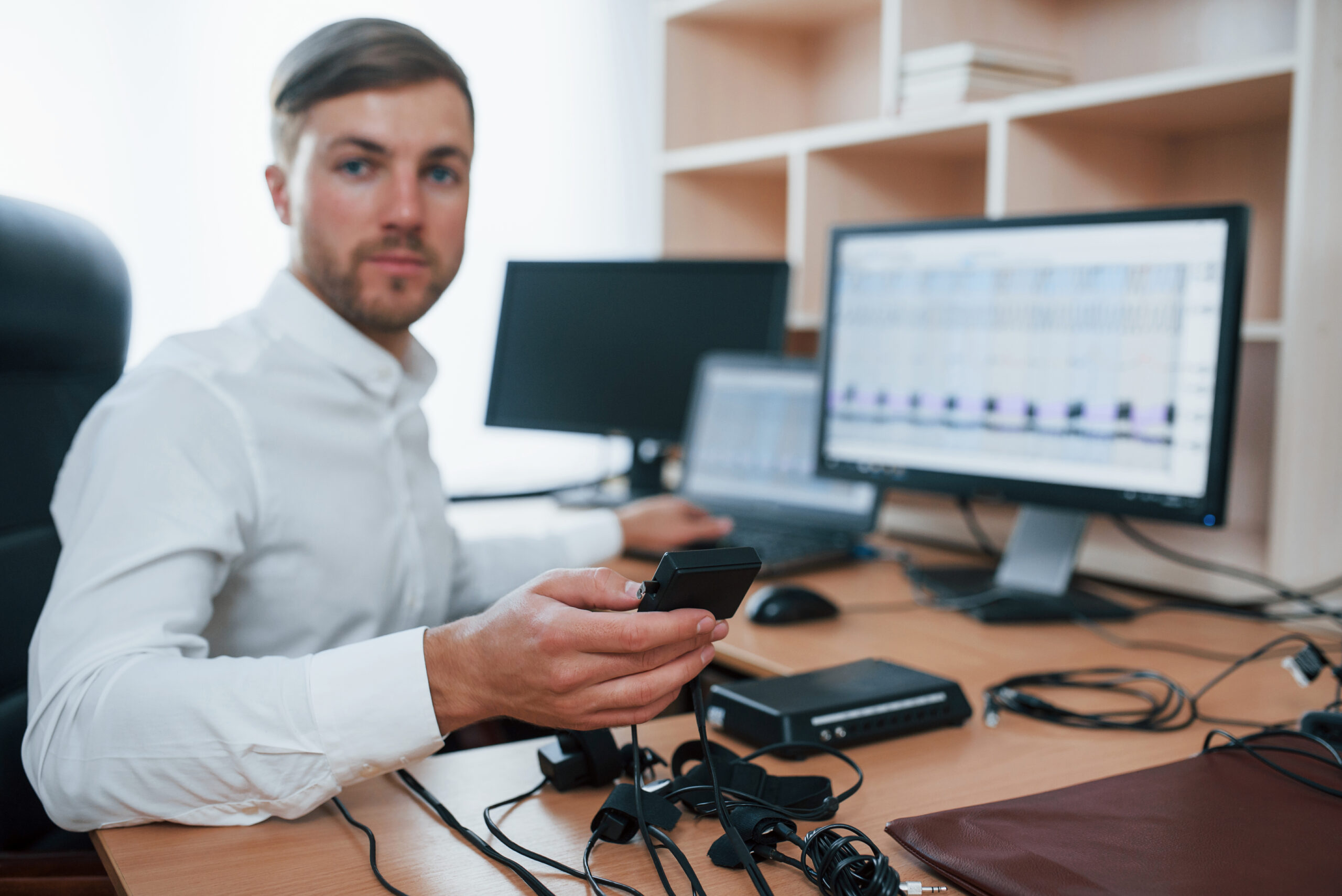 Mężczyzna w białej koszuli siedzący przy biurku z wieloma monitorami, trzymający urządzenie elektroniczne. Na blacie widoczne kable, czujniki i sprzęt – prawdopodobnie stanowisko operatora wykrywacza kłamstw.
