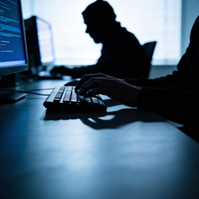 zdjęcie oszusta internetowego pod bloga, mężczyzna w ciemnym pokoju, ekran laptopa odbija się w okularach