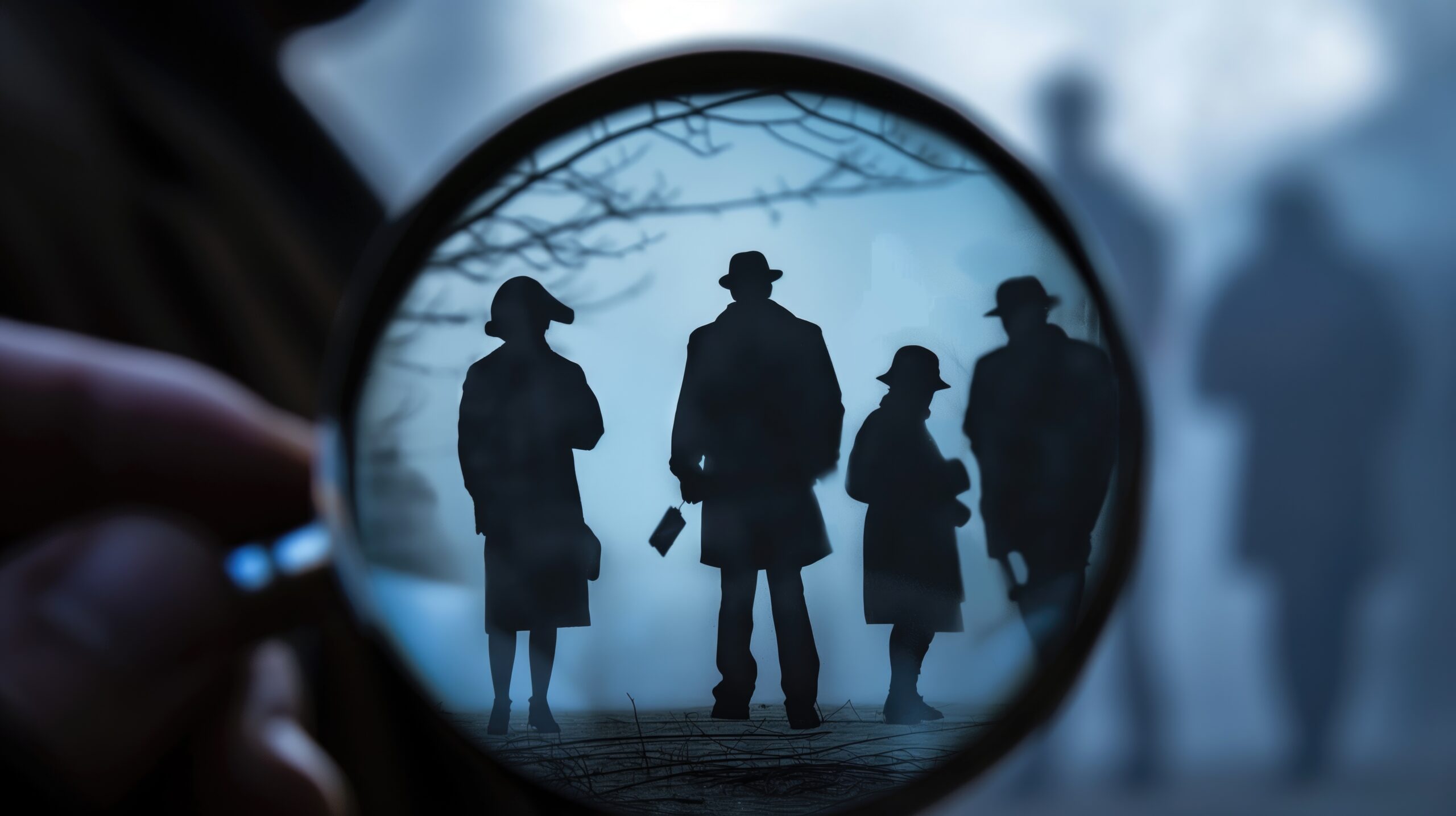 Close attention to people through magnifying glass chase and surveillance stalking concept Close attention to people through magnifying glass chase and surveillance stalking concept